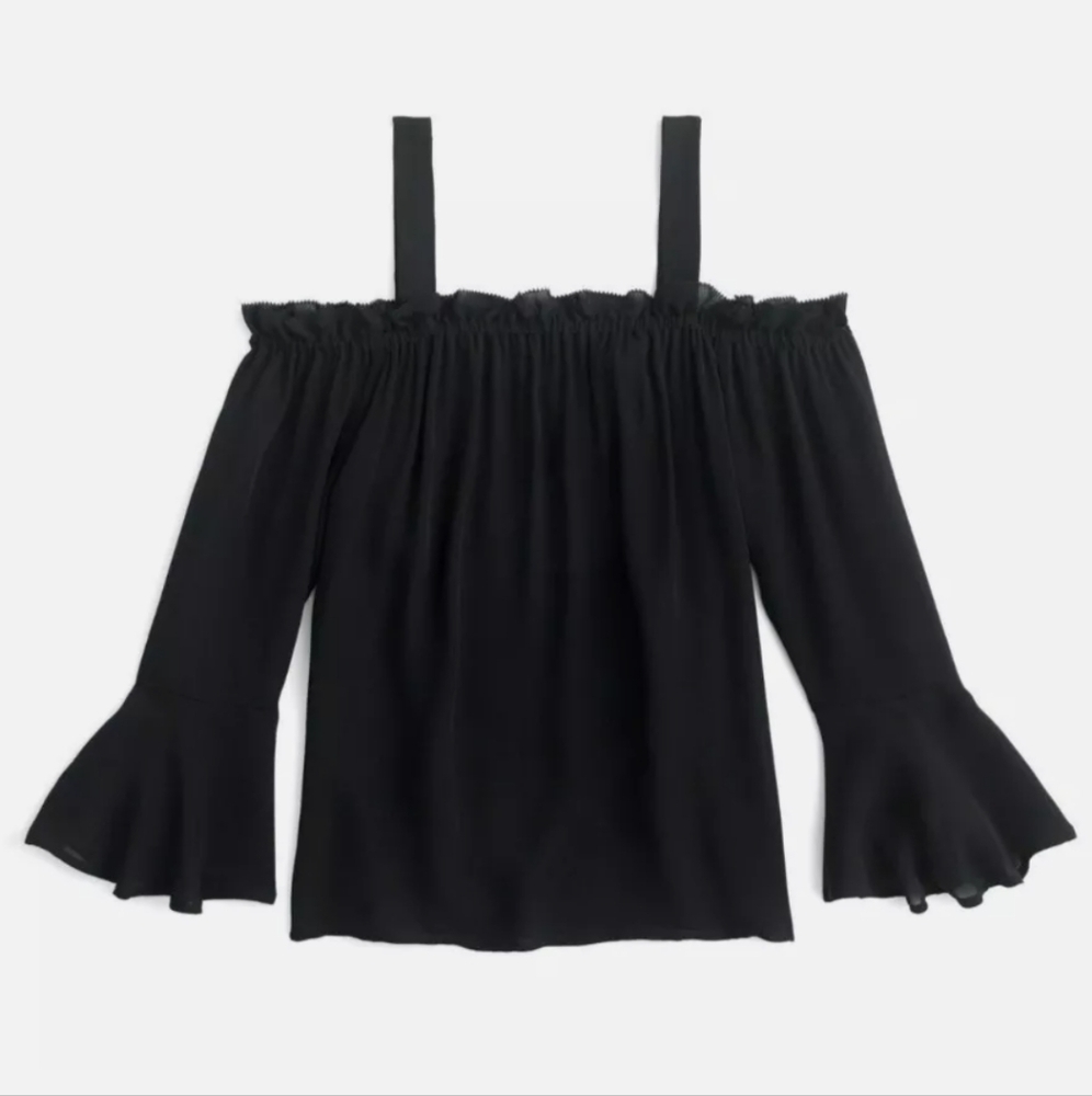 J. Crew Silk Black Ruffle Draped Cold / Off Shoulder Bell Sleeve size 10